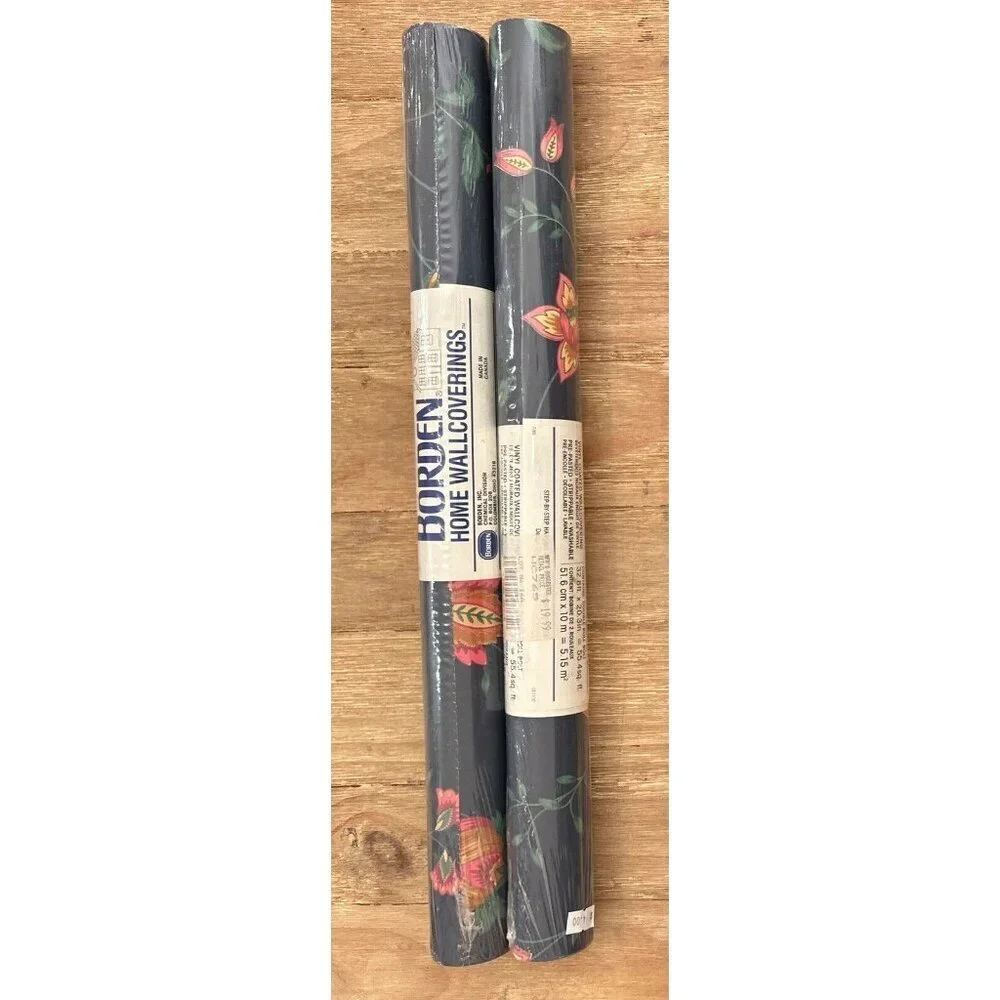 Vintage Borden Vinyl Wallpaper Blue Floral Cottage Core 2 Rolls 55.4 Sq Ft Each